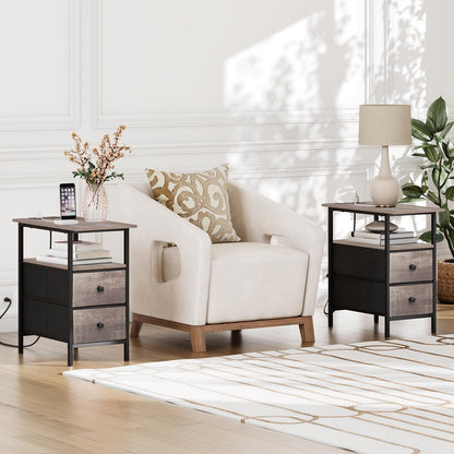 HOOBRO End Table with Charging Station, Narrow Side Table, Nightstand with 2 Non-Woven Drawers, Slim Sofa Side Table, for Small Spaces, Living Room, Bedroom, Greige and Black BG486UBZ01