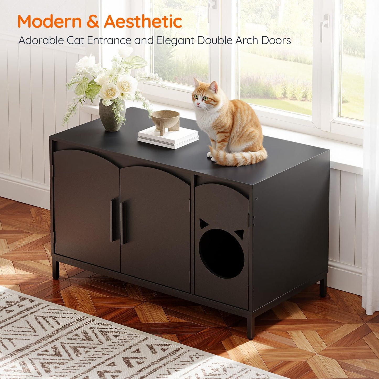 HOOBRO Black Concealed Elegant Arched Door Design Wooden Cat Head Decor Cat Litter Box Storage Cabinet