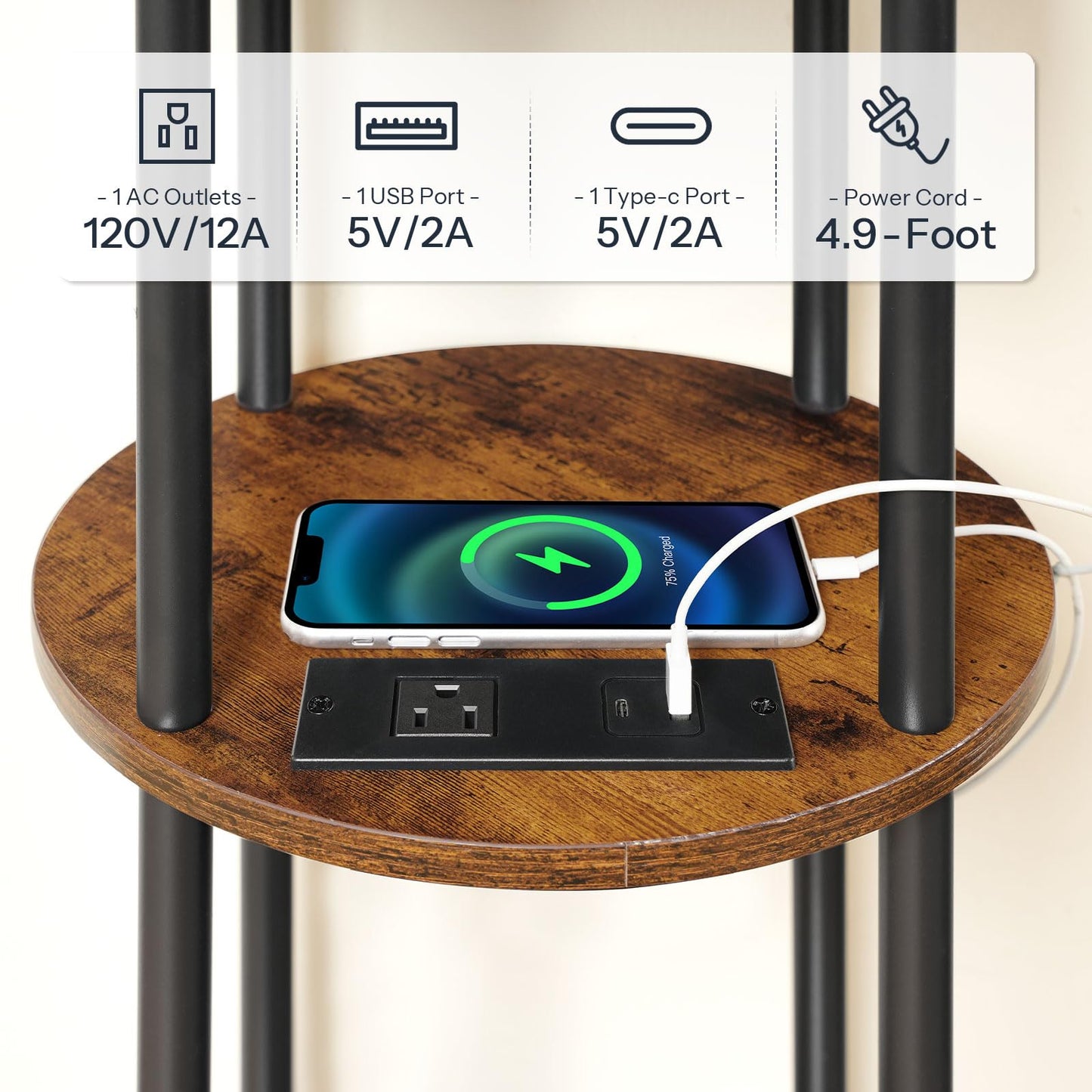 HOOBRO 3-Tier Small Round Side Table with Charging Station