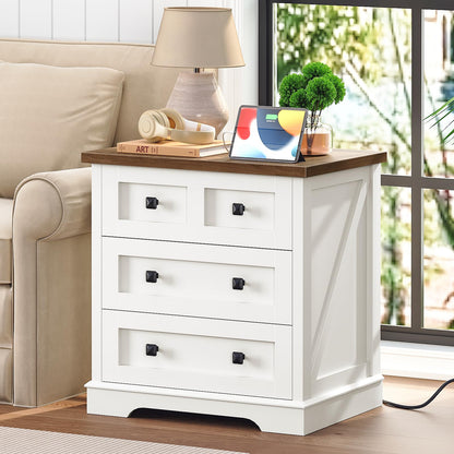 HOOBRO White 23.6-inch Wide Farmhouse Style Bedside Table with 3 Drawers & Charging Station