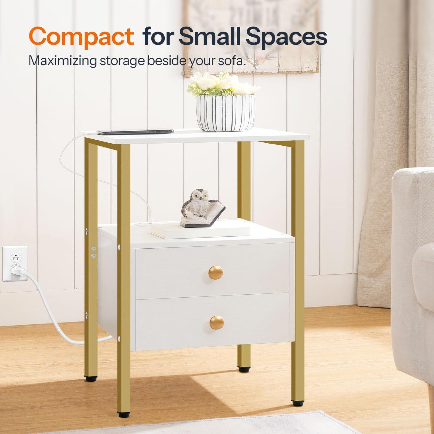 HOOBRO Side Table with Charging Station & 2 Drawers & USB Port & Type-C Port