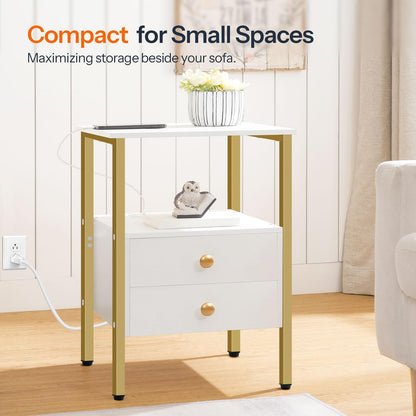 HOOBRO Side Table with Charging Station & 2 Drawers & USB Port & Type-C Port