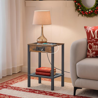 HOOBRO Retro Brown-Edged  End Table Set with Charging Station & USB Port & Power Outlet & Double-Layer Storage Shelf / 2PICS