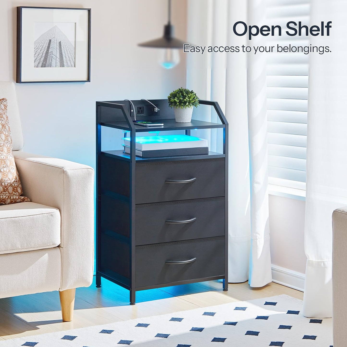 HOOBRO Black Bedside Table with Charging Station: Features 1 AC power outlet & 1 USB port & 1 Type-C port & LED light strip