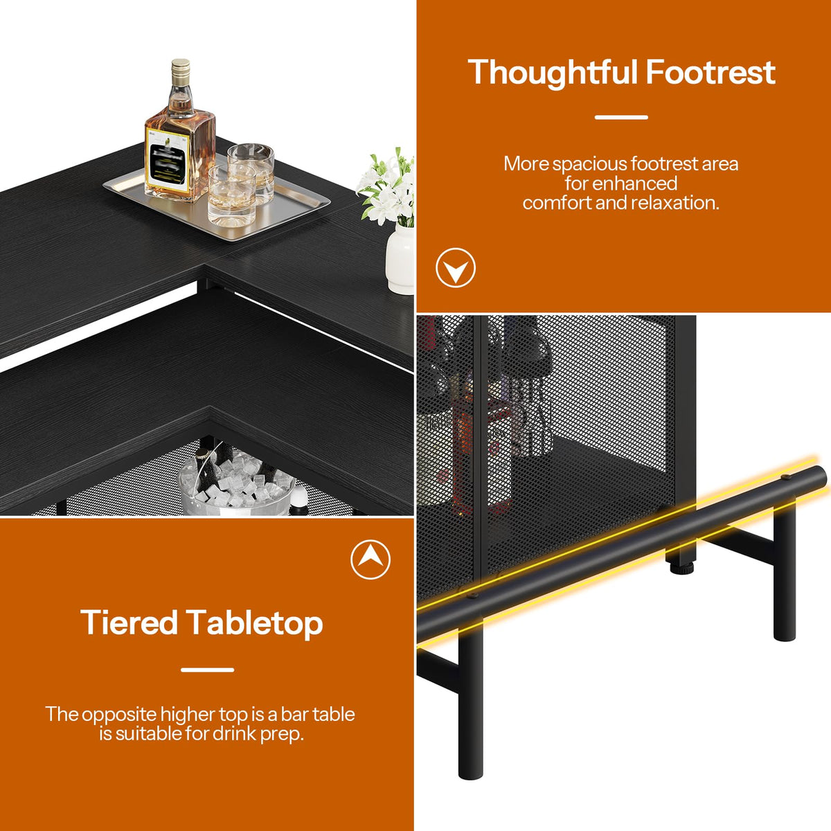 Black L-shaped bar table with tiered tabletop and thoughtful footrest, featuring a bottle and glasses on the top.