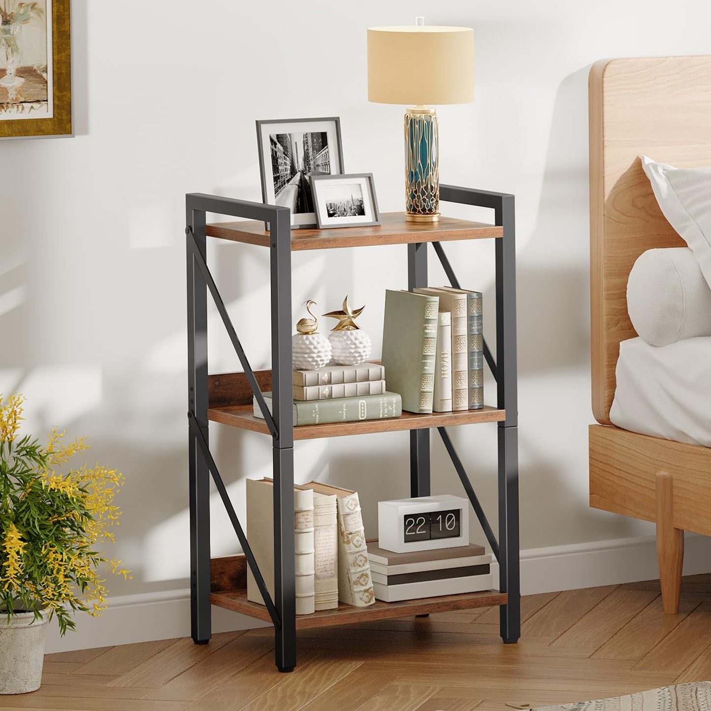 HOOBRO Retro Brown Three-Tier Industrial Style Bookshelf