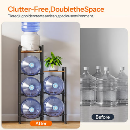 HOOBRO Industrial-Style 5 Gallon Water Jug Holder with Wooden Top Shelves