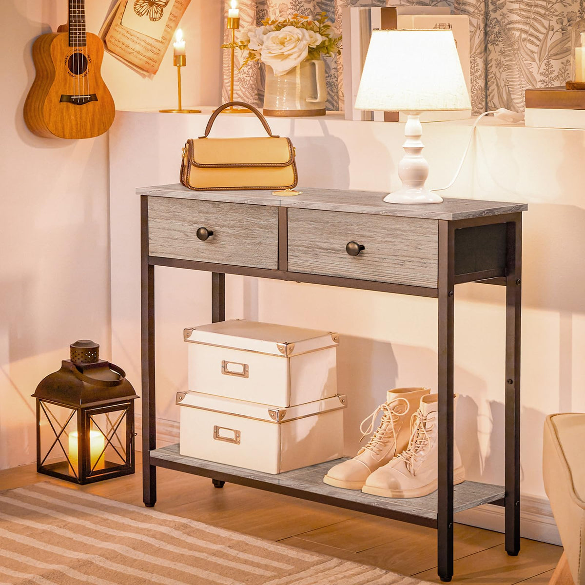 HOOBRO 29.5" Narrow Console Table with 2 Fabric Drawers, Entryway Table