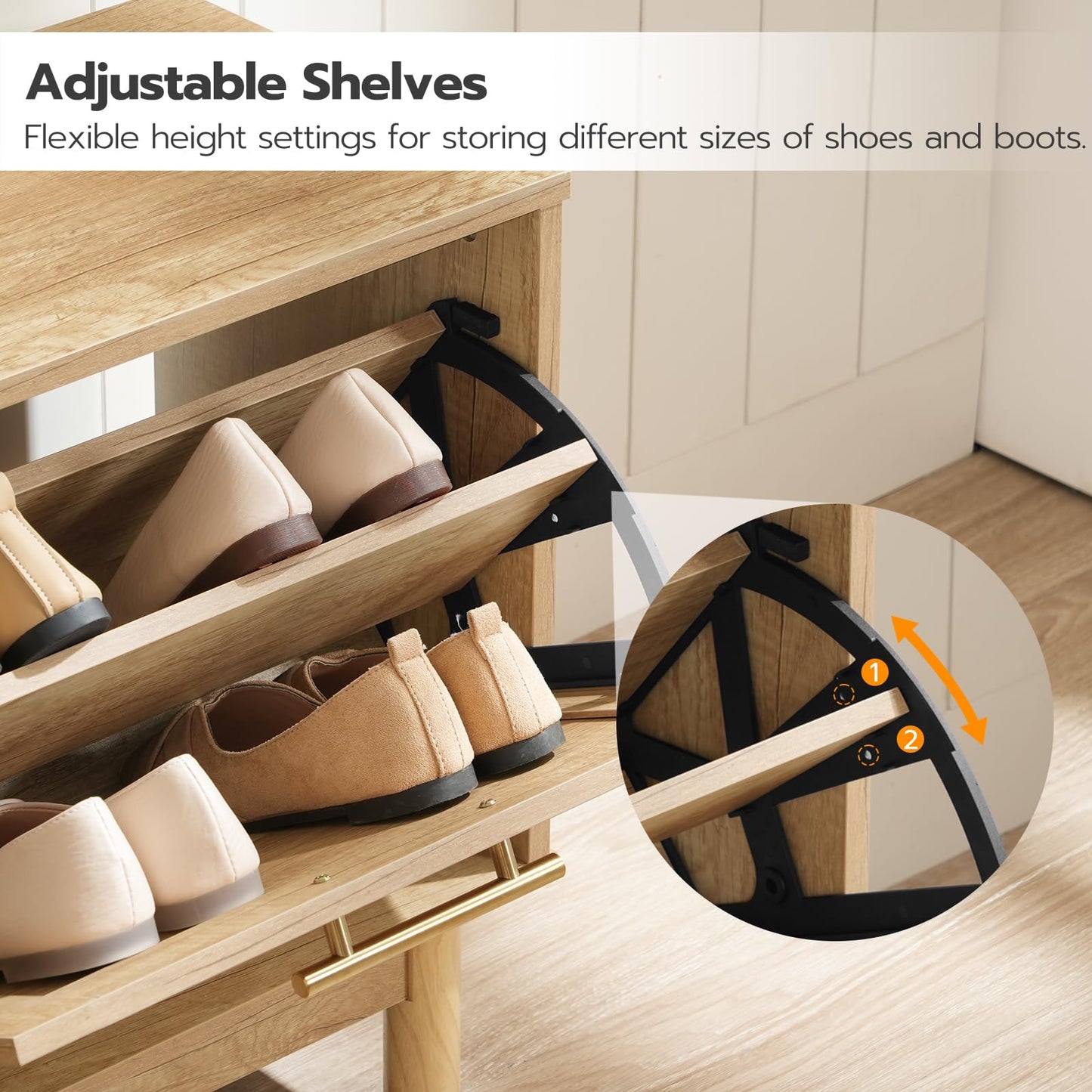 HOOBRO Natural Wooden Rattan Style Shoe Cabinet Bench with Flip-Top Drawers