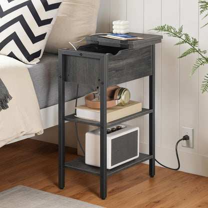 HOOBRO End Table with Charging Station, Narrow Side Table, Flip Top Nightstand with USB Ports and Outlets, Bedside Tables with Shelf for Small Spaces, Living Room, Charcoal Black BC341BZ01