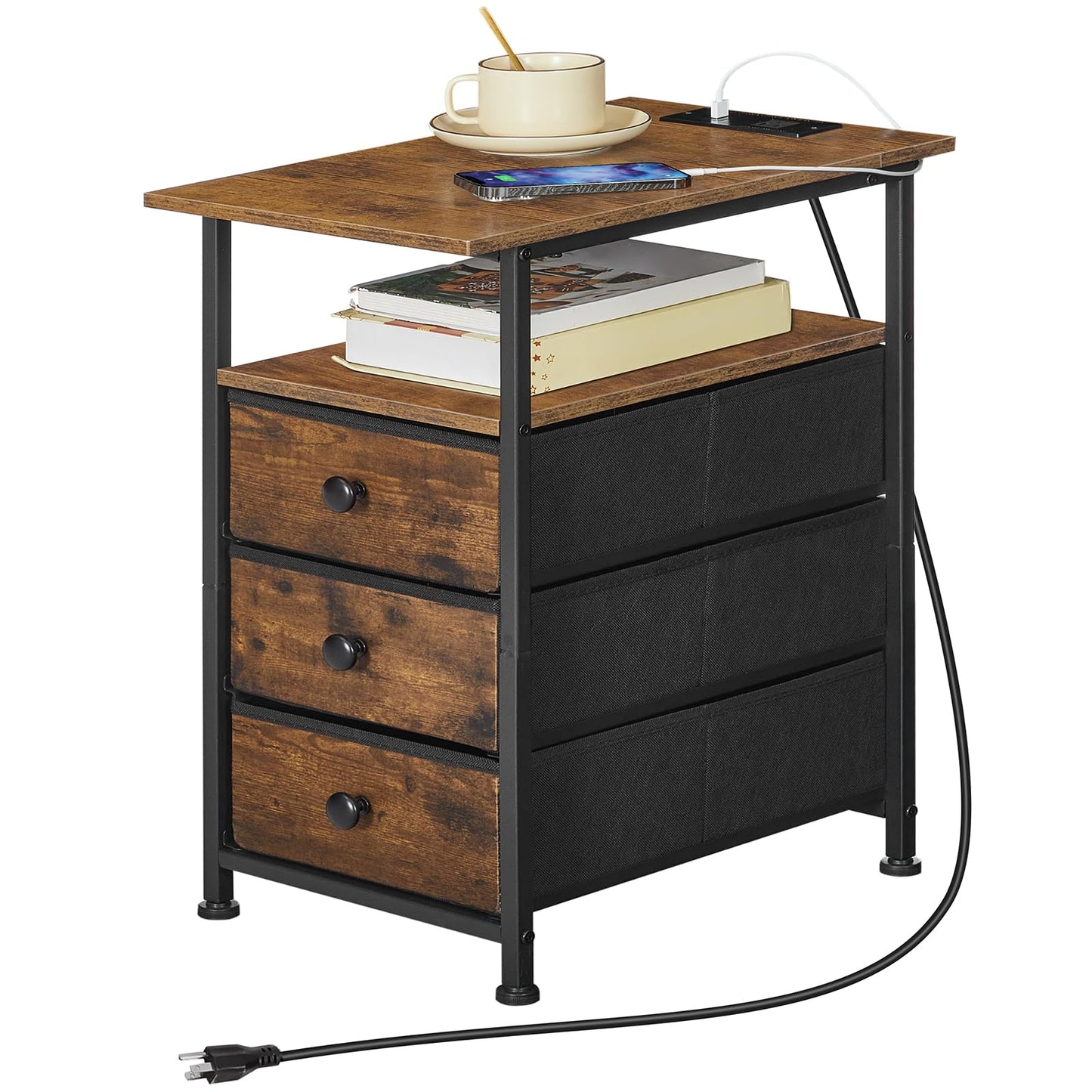 HOOBRO End Table, Narrow Side Table with Charging Station, Nightstand with 3 Non-Woven Fabric Drawers, Bedside Table for Small Spaces, for Living Room, Bedroom, Rustic Brown and Black BF483UBZ01