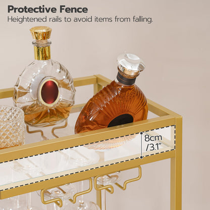 HOOBRO Gold Double-Layer Movable Home Bar Trolley with Wine Rack & Glass Holder & Guardrail