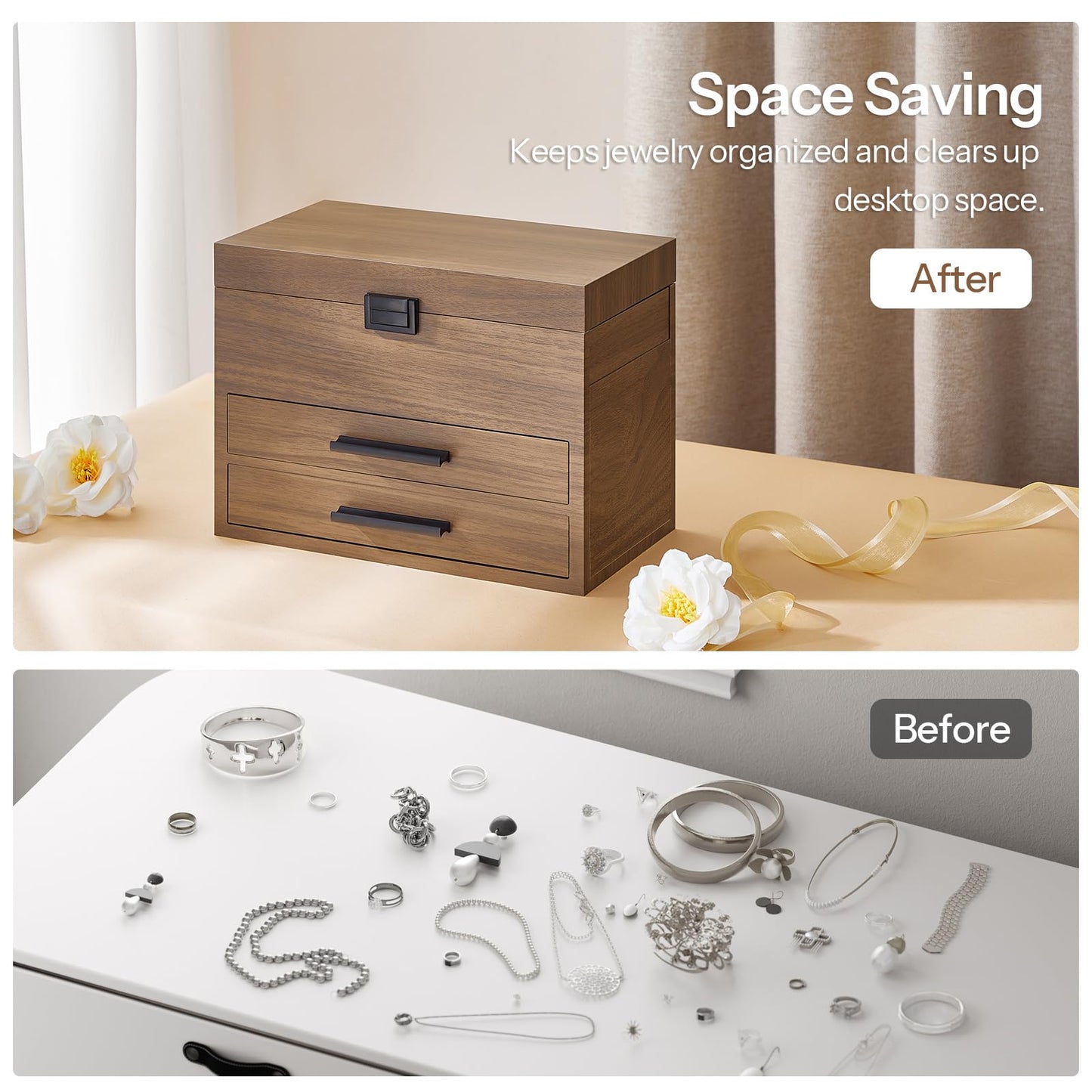 Wooden jewelry box with two drawers on a desk with jewelry before and after organization.