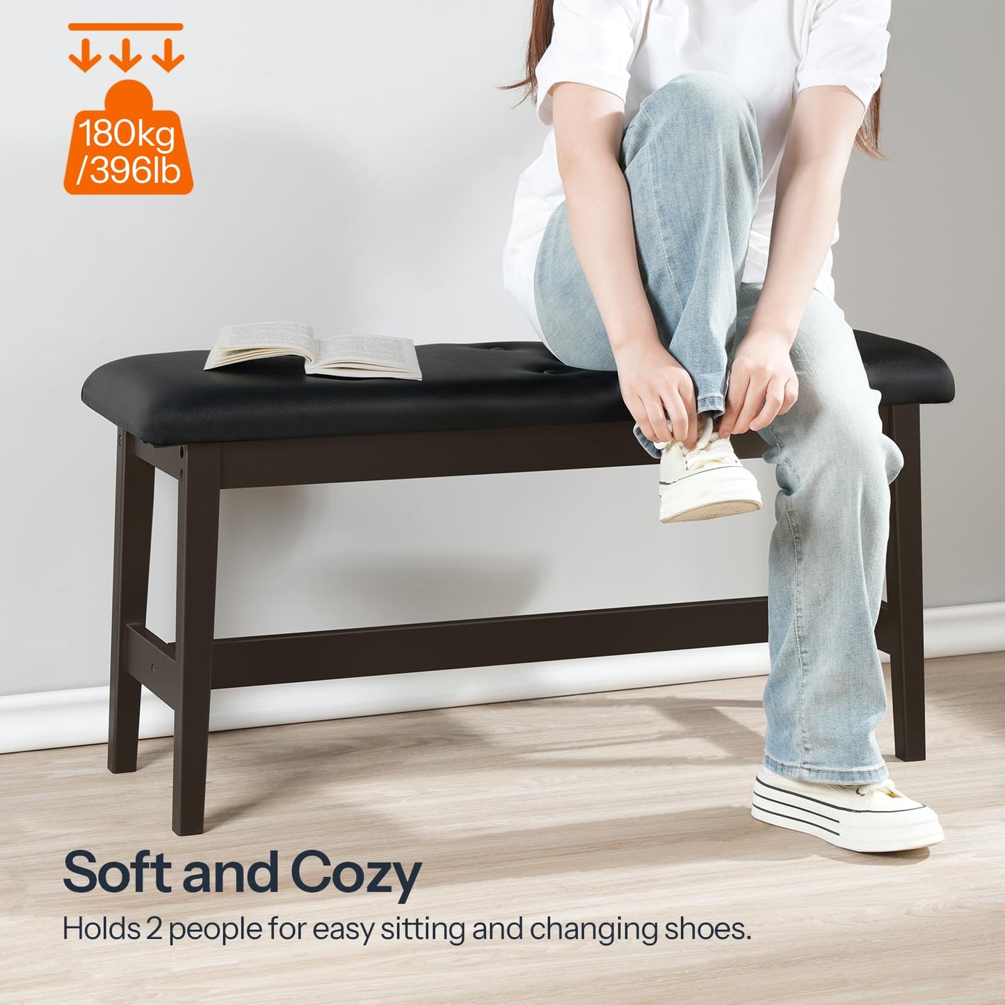 HOOBRO PU Leather Upholstered Bamboo Dining Bench