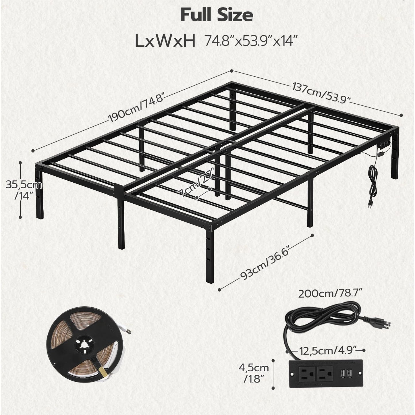 HOOBRO Full Metal Bed Frame with Charging Station & LED Lights