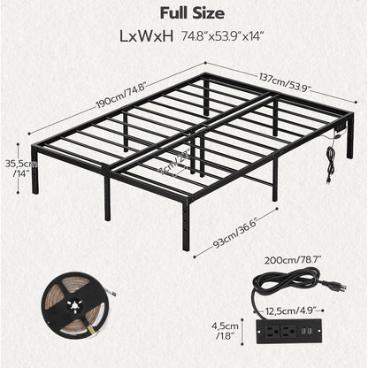 HOOBRO Full Metal Bed Frame with Charging Station & LED Lights