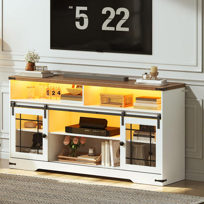 Modern entertainment console with glass doors and wooden top in a living room setting.