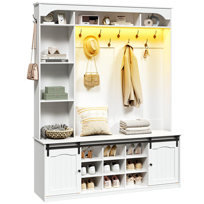 HOOBRO White 59-inch Wooden LED Farmhouse Style Hallway Coat Rack with Bench & Coat Rack & Shoe Cabinet