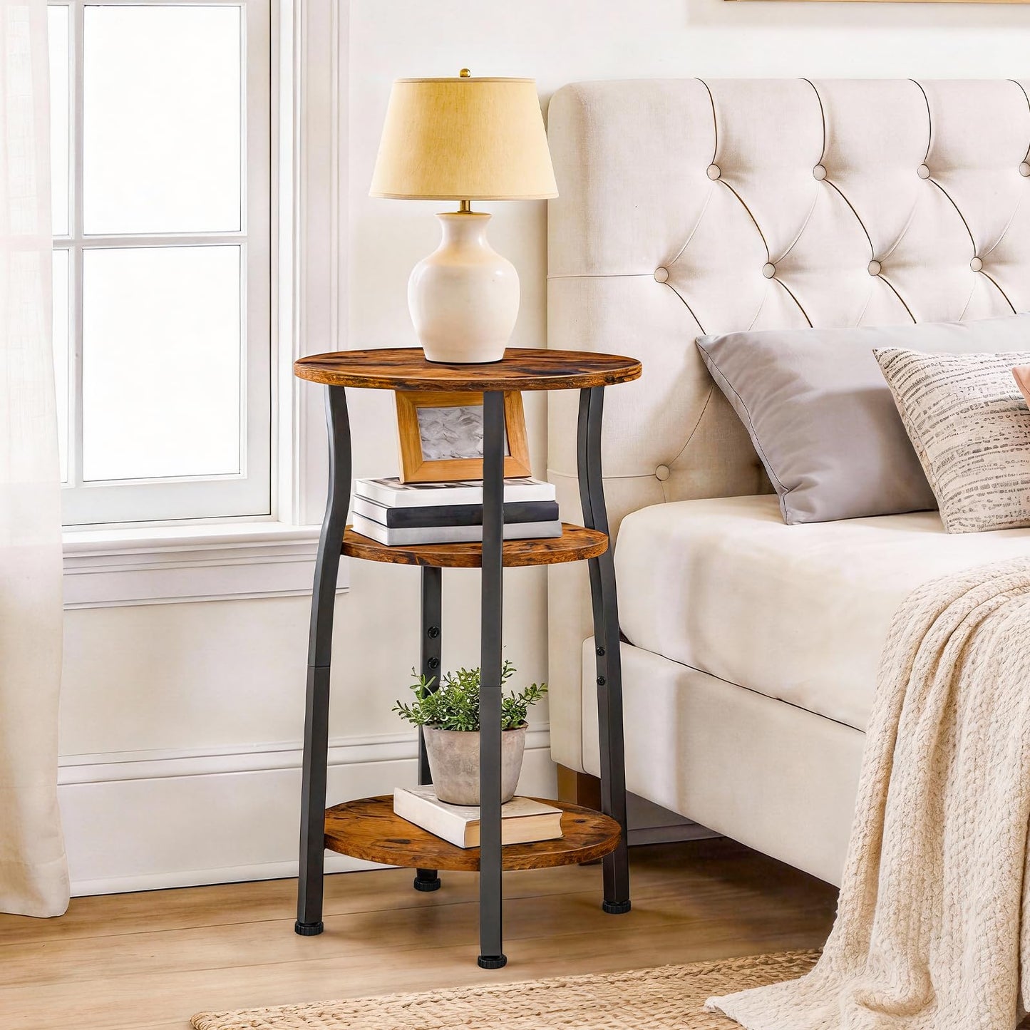 HOOBRO Small Round Side Table, 3-Tier Oval End Table with Storage, Slim Night Stand for Small Spaces, Corner Sofa Table for Living Room, Bedroom, Rustic Brown and Black BF258BZ01