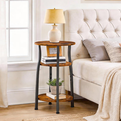 HOOBRO Small Round Side Table, 3-Tier Oval End Table with Storage, Slim Night Stand for Small Spaces, Corner Sofa Table for Living Room, Bedroom, Rustic Brown and Black BF258BZ01
