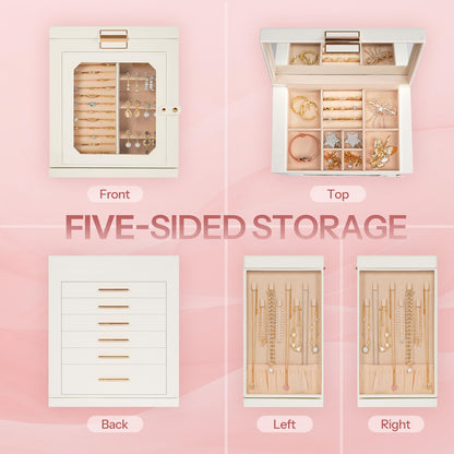 HOOBRO 360 Degrees Rotating Jewelry Organizer Box with Mirror & 6-Drawer