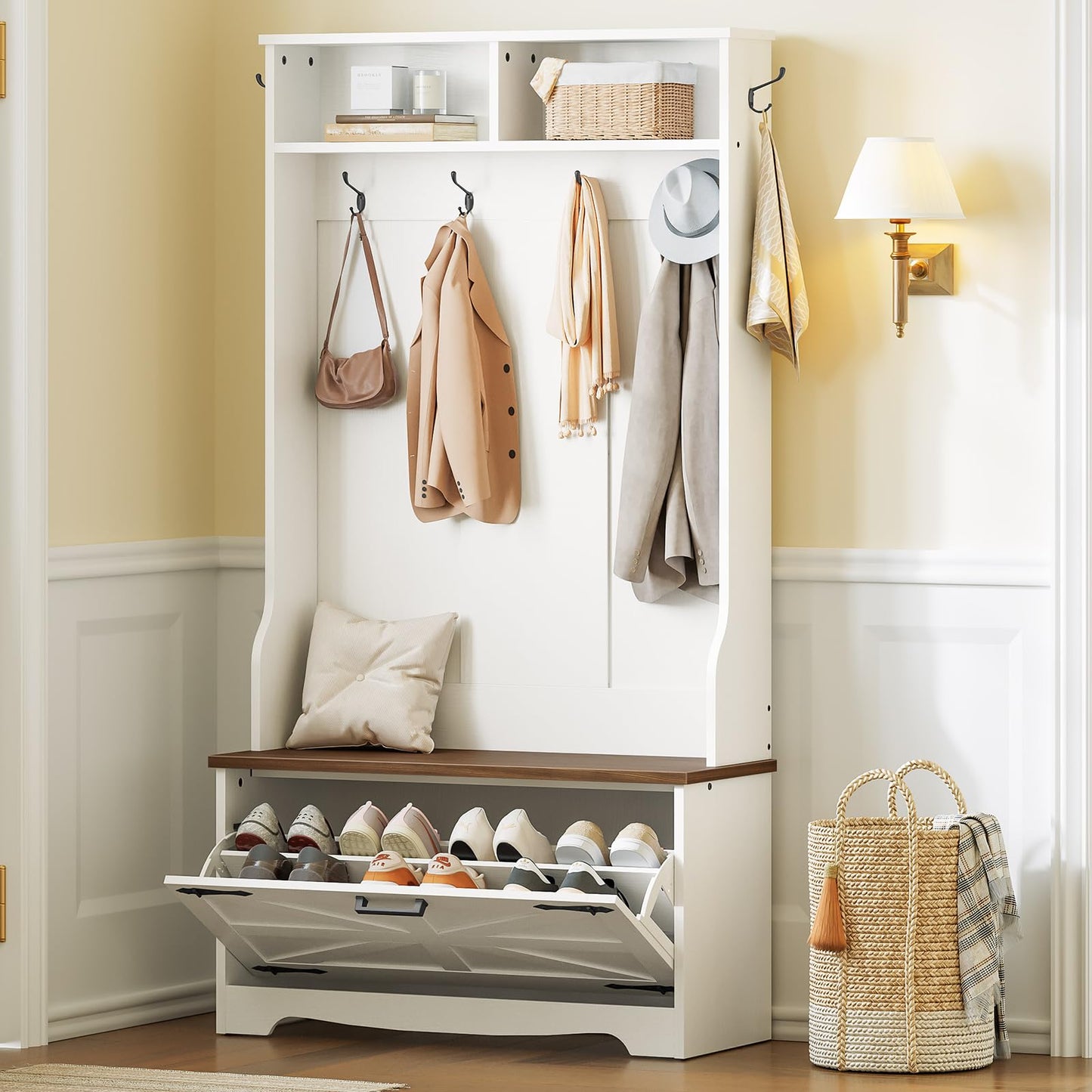 HOOBRO Hallway Coat Rack with Coat Rack Bench & Shoe Cabinet & Flip-Top Drawers