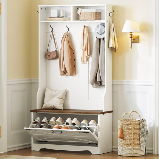 HOOBRO Hallway Coat Rack with Coat Rack Bench & Shoe Cabinet & Flip-Top Drawers