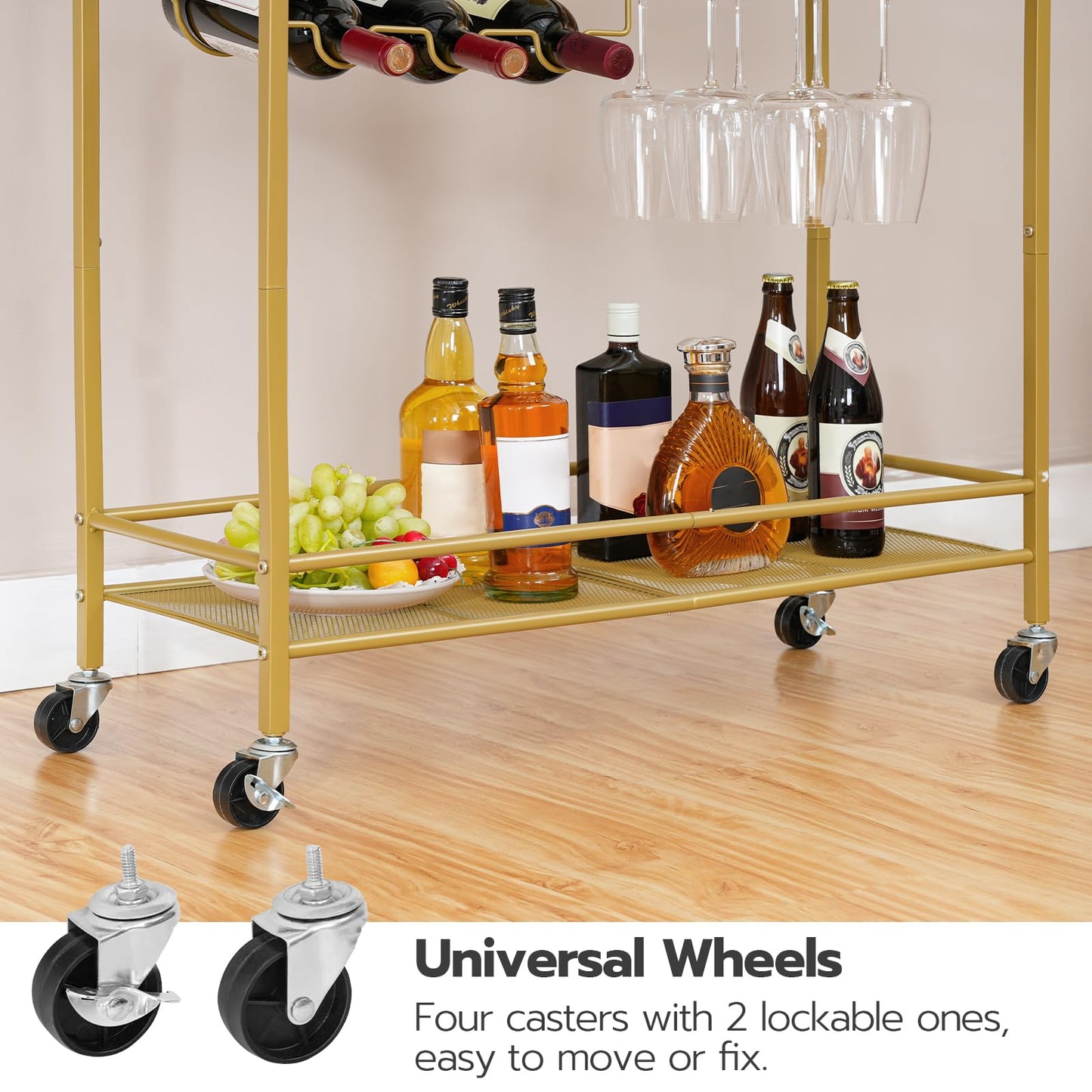 HOOBRO Gold Double-Layer Movable Home Bar Trolley with Wine Rack & Glass Holder & Guardrail