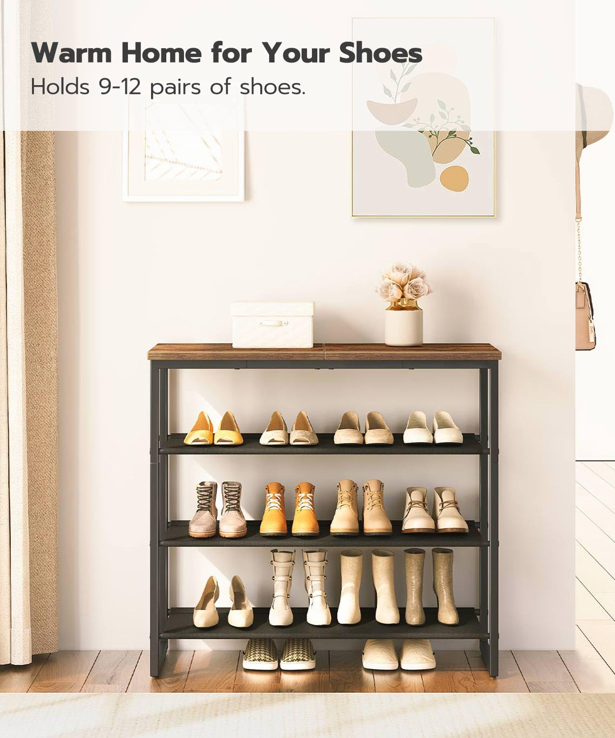 HOOBRO Four-tier Industrial-style Shoe Organizer Rack with 3 Oxford Cloth Shelves &  Top Shelf
