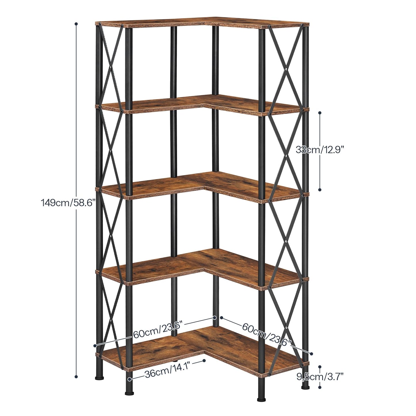 HOOBRO Retro Brown 5-Tier Industrial Style Open Display L-Shaped Corner Bookshelf