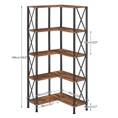 HOOBRO Retro Brown 5-Tier Industrial Style Open Display L-Shaped Corner Bookshelf
