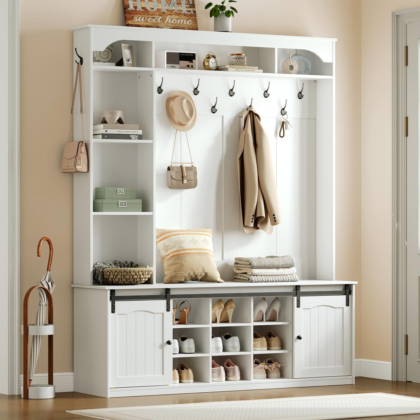 HOOBRO White 59-inch Wooden LED Farmhouse Style Hallway Coat Rack with Bench & Coat Rack & Shoe Cabinet