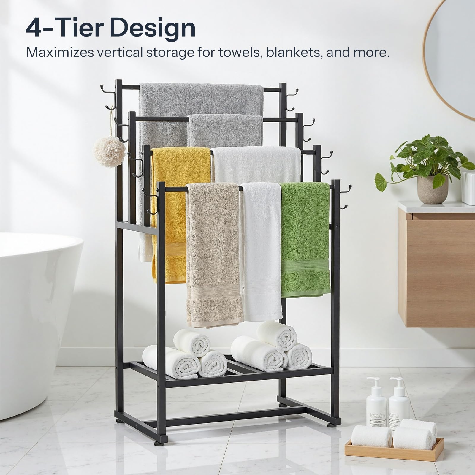 Towel rack with 4-tier design holding towels and blankets in a bathroom setting.
