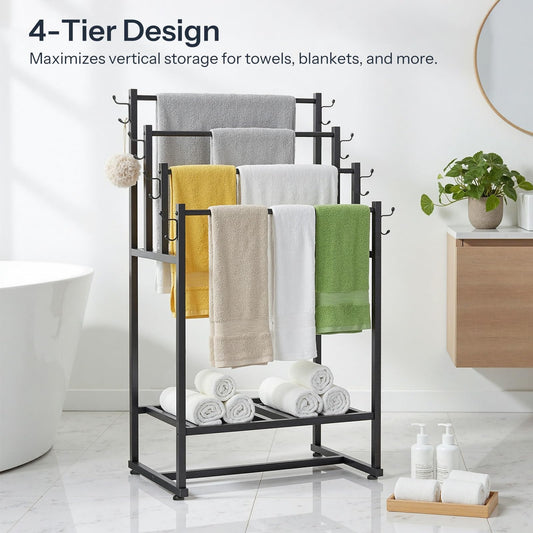 Towel rack with 4-tier design holding towels and blankets in a bathroom setting.