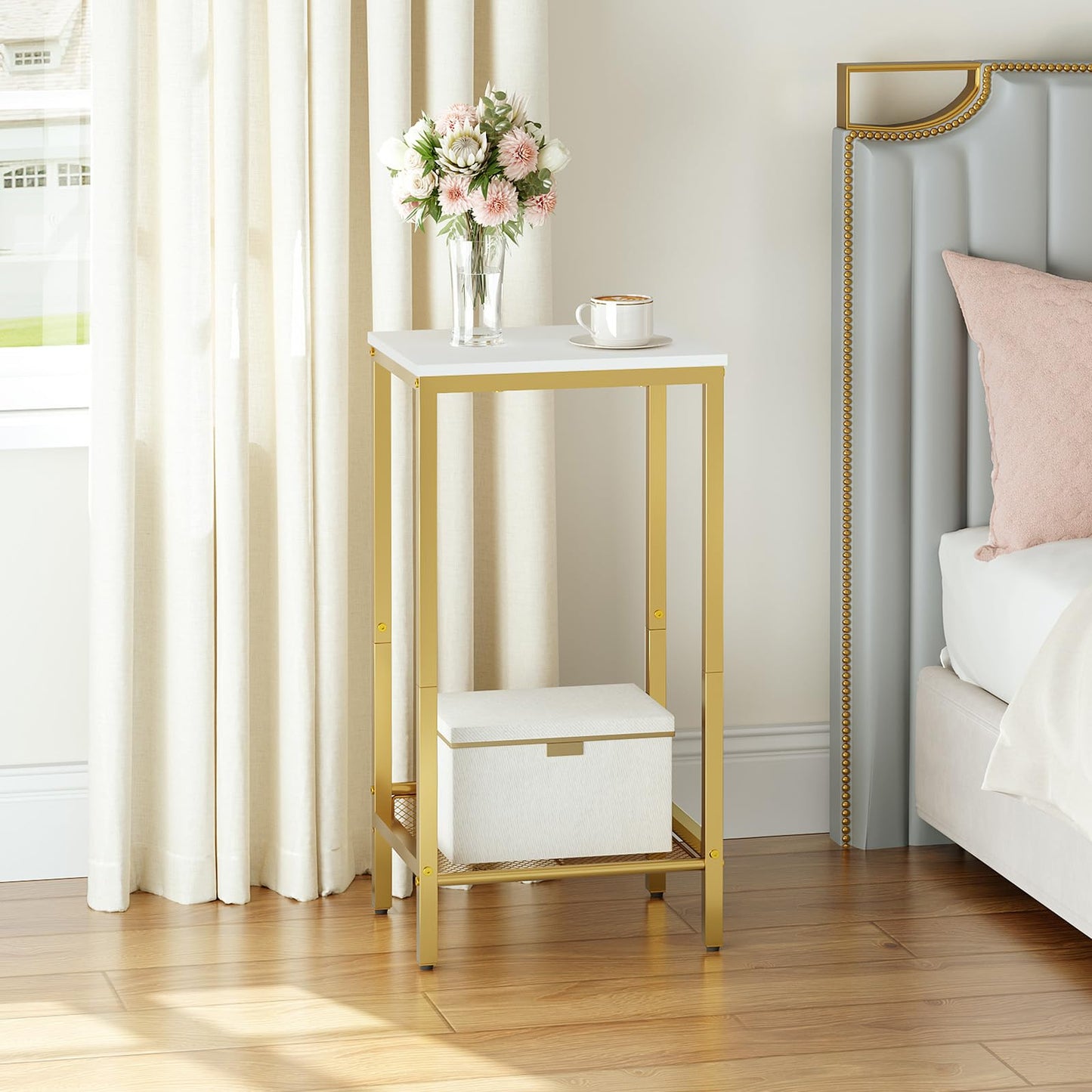 HOOBRO Industrial Tall Side Table with Adjustable Mesh Shelves