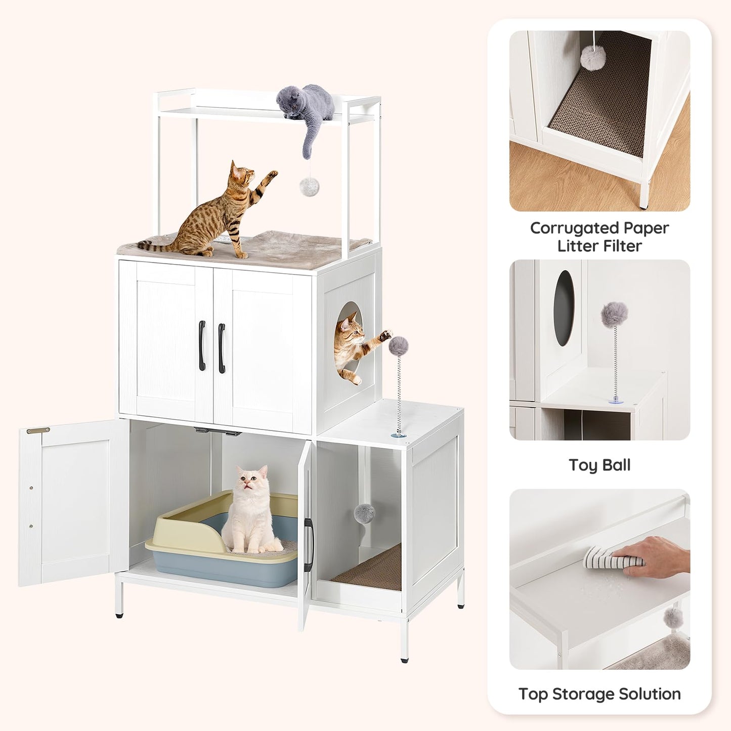 Multi-level pet playpen with various features including a toy ball, litter filter, and storage solution.