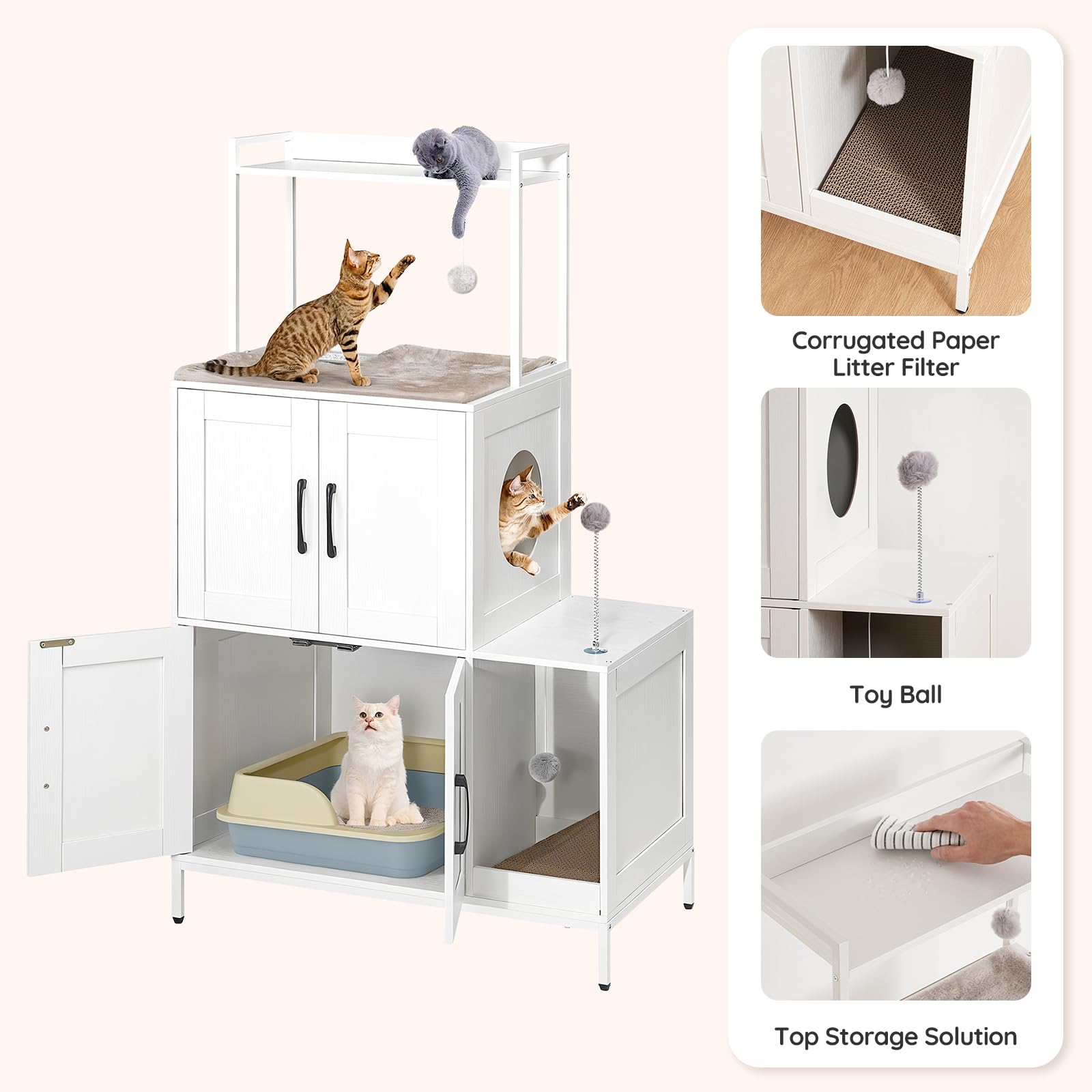 Multi-level pet playpen with various features including a toy ball, litter filter, and storage solution.