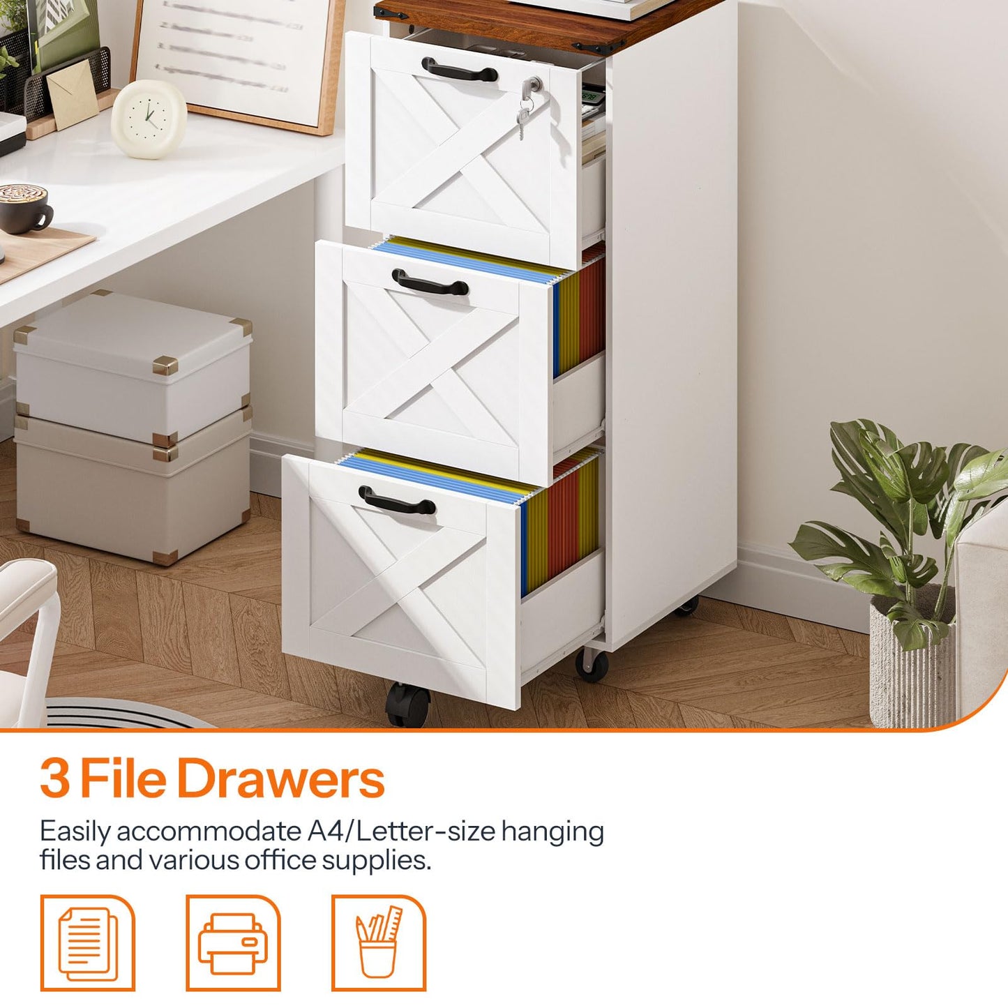 HOOBRO Wooden 3 Drawer Farmhouse File Cabinet for A4/Letter-Size