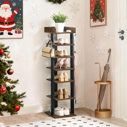 Tall wooden shelf with decorative items in a room with Christmas decorations.