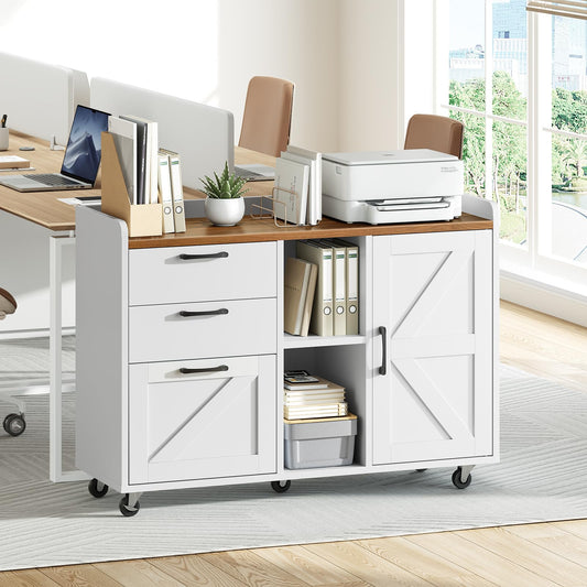 White office cart with wooden top in a home office setting