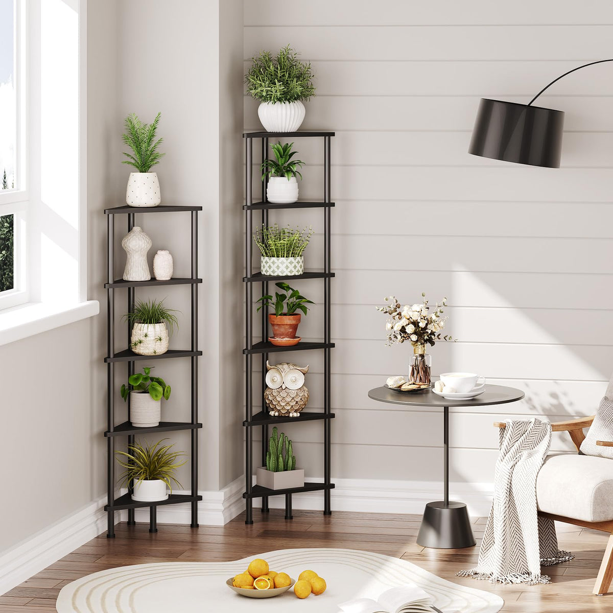 HOOBRO Corner Shelf Stand, Industrial 6-Tier Corner Bookshelf with Metal Frame, Bookcase, Plant Display Stand for Small Spaces, Living Room, Black BK36CJ01