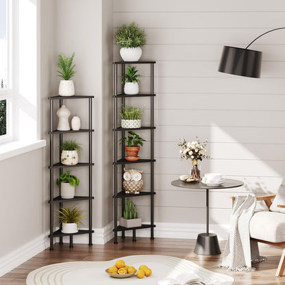 HOOBRO Corner Shelf Stand, Industrial 6-Tier Corner Bookshelf with Metal Frame, Bookcase, Plant Display Stand for Small Spaces, Living Room, Black BK36CJ01