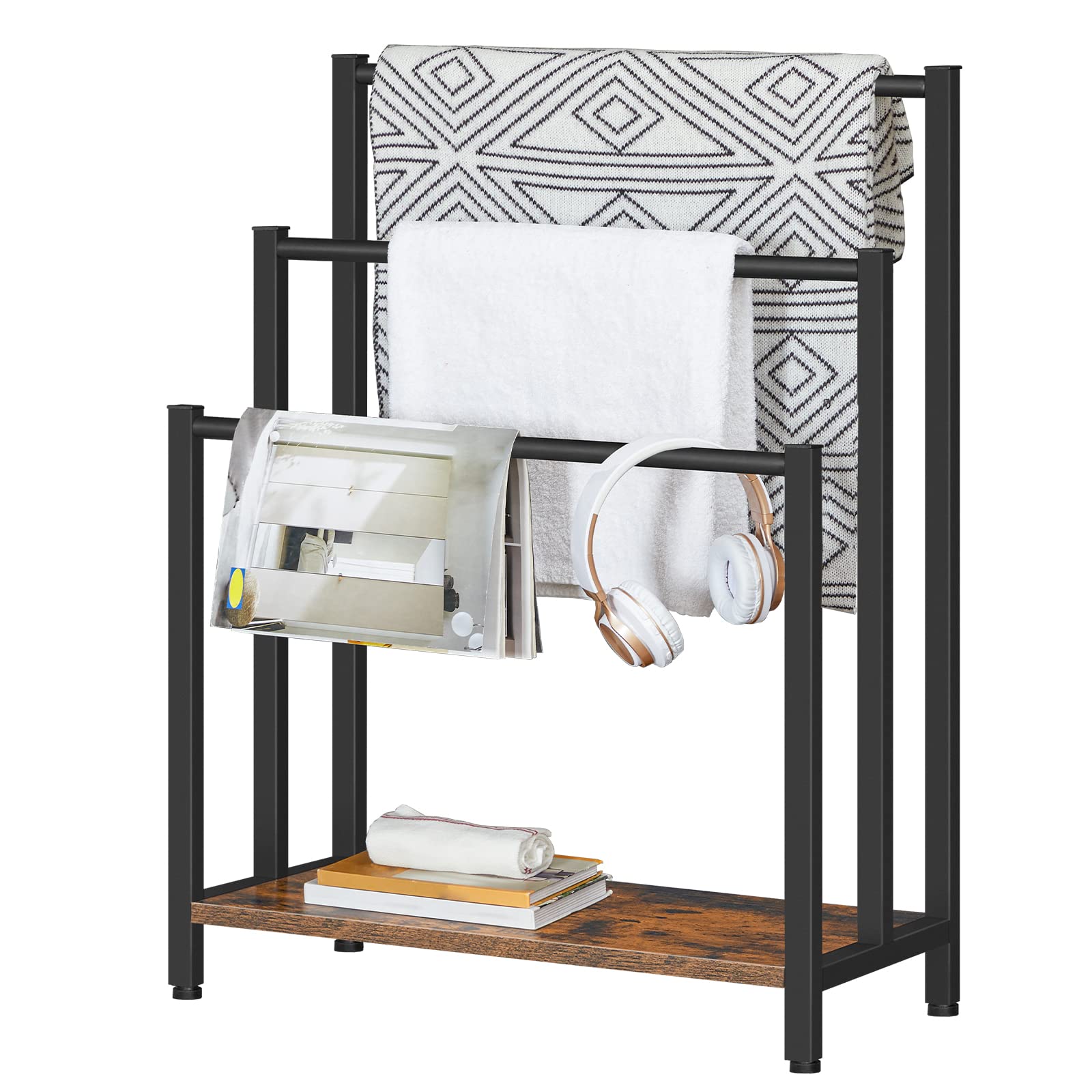 Black metal and wooden shelf with books, headphones, and a blanket on a white background