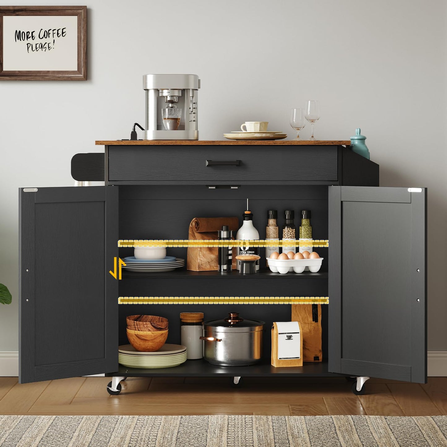 HOOBRO Black Portable Kitchen Island with Folding Countertop & Power Outlet & Drawers and Spice Rack