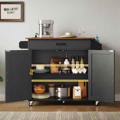 HOOBRO Black Portable Kitchen Island with Folding Countertop & Power Outlet & Drawers and Spice Rack