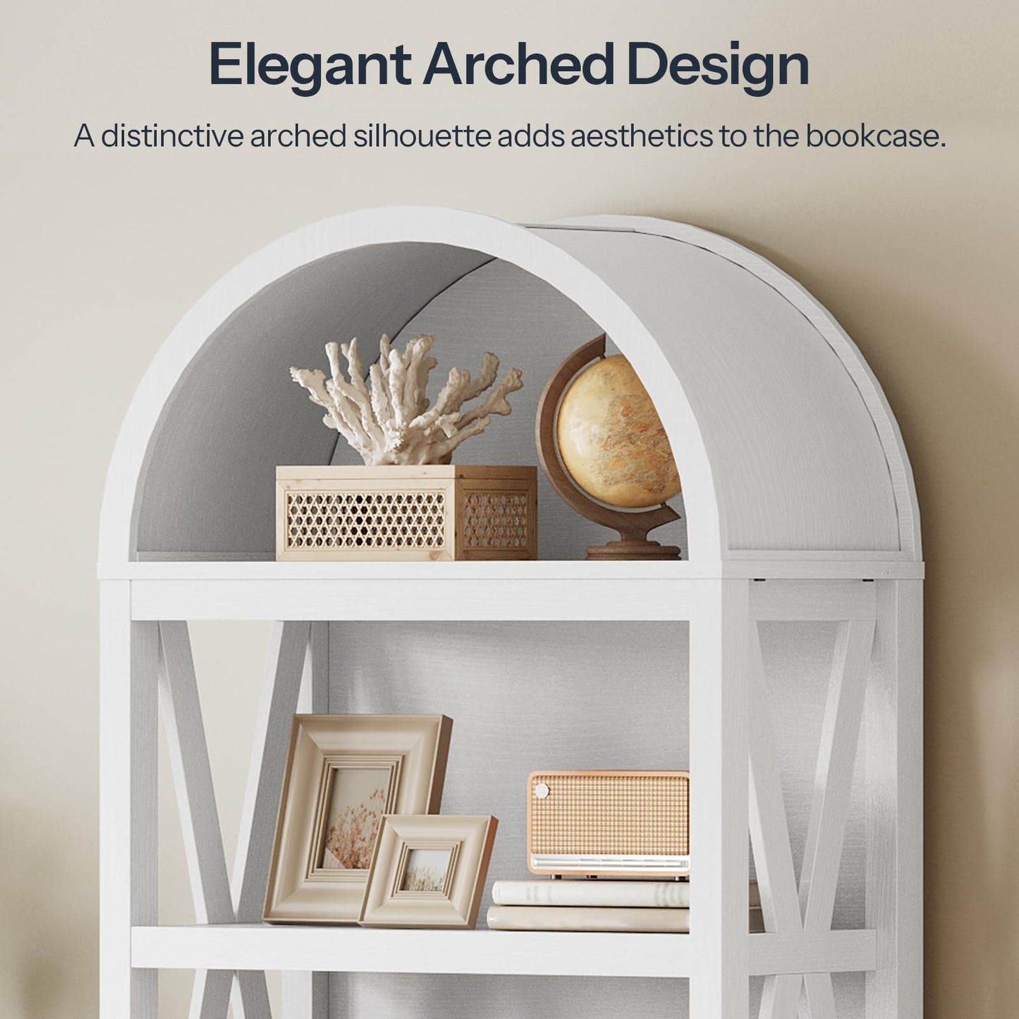 White bookcase with arch design, displaying decorative items against a beige wall.