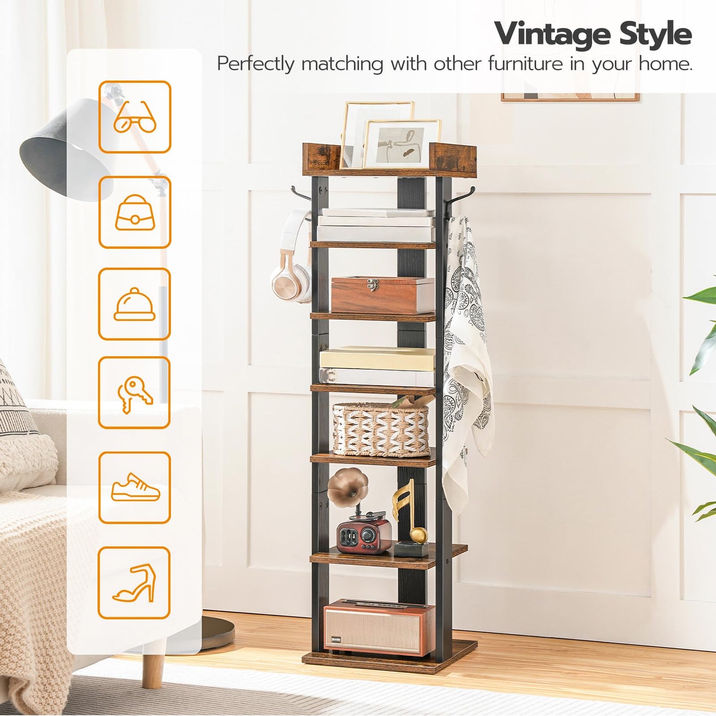 Tall wooden shelf with decorative items in a room setting, labeled 'Vintage Style'.