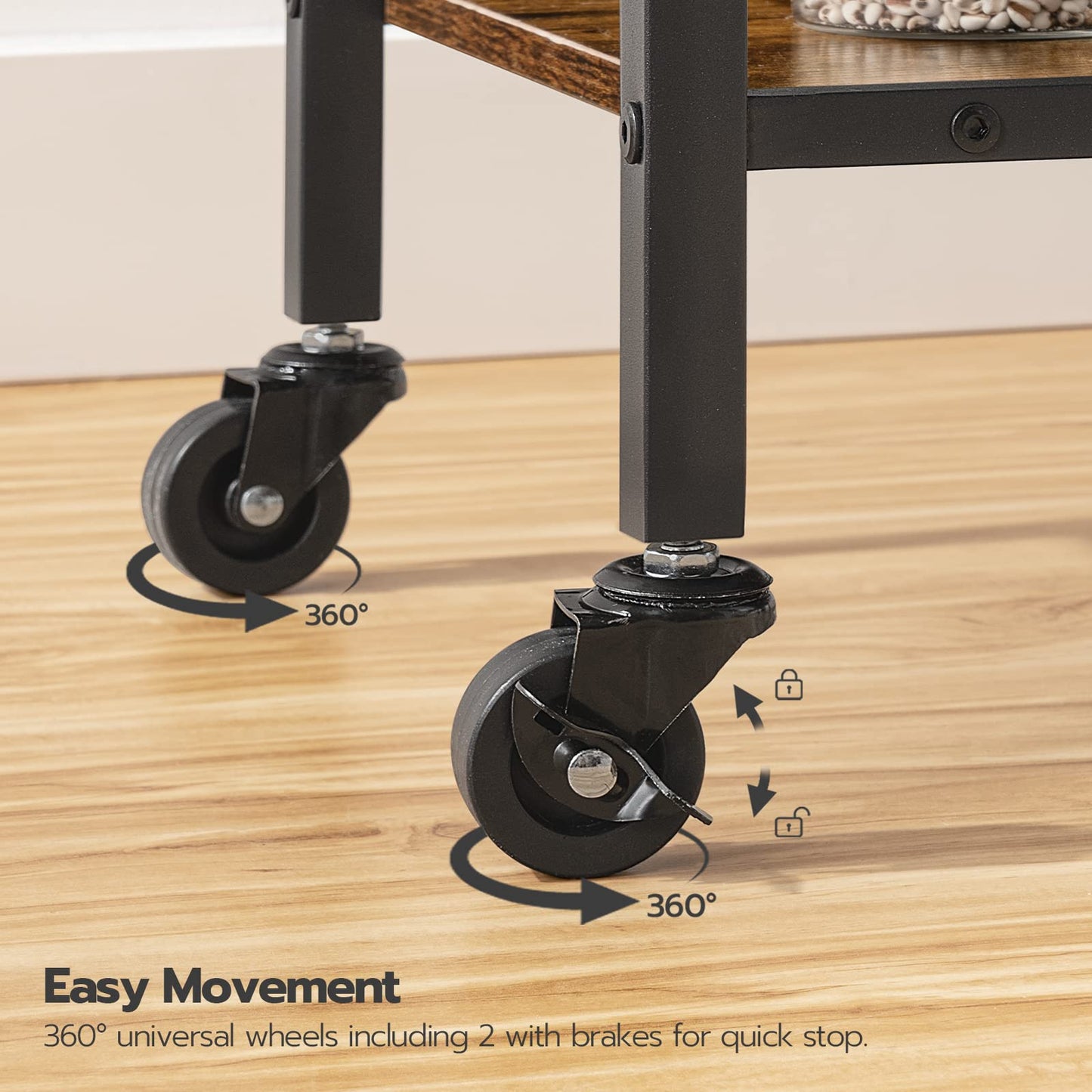 HOOBRO Retro Brown Three-Tier Movable Wheeled Bar Trolley with Wine Rack & Glass Holder