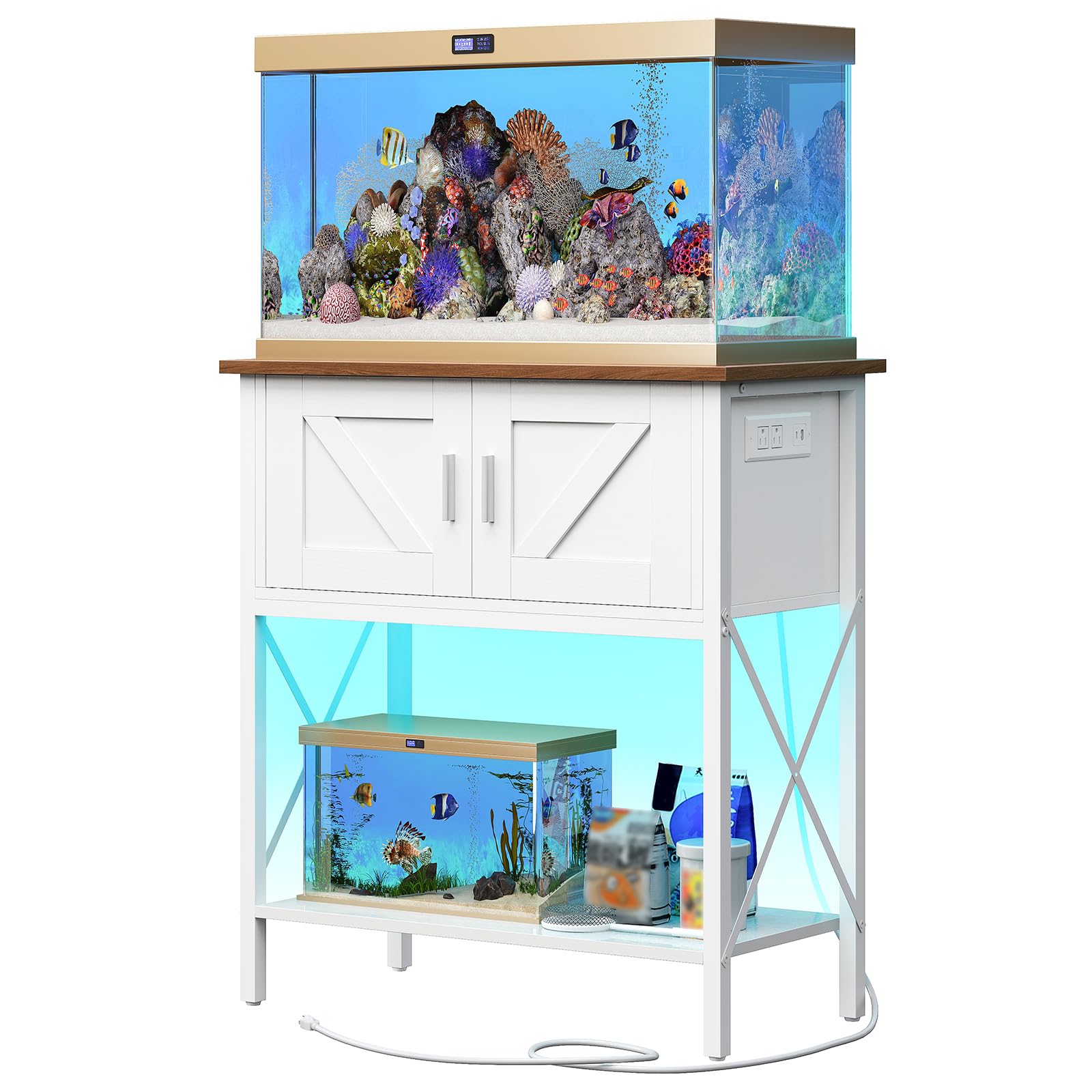 Two aquariums on a stand with wooden top and white base, filled with fish and coral.