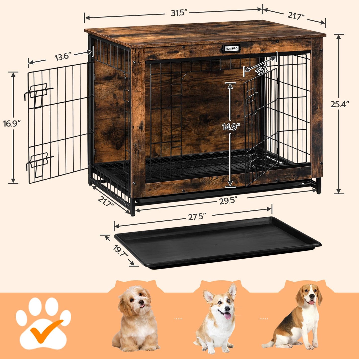 HOOBRO Vintage Brown 32.5-inch Wooden Small to Medium Dog Indoor Cage with Pull-out Tray